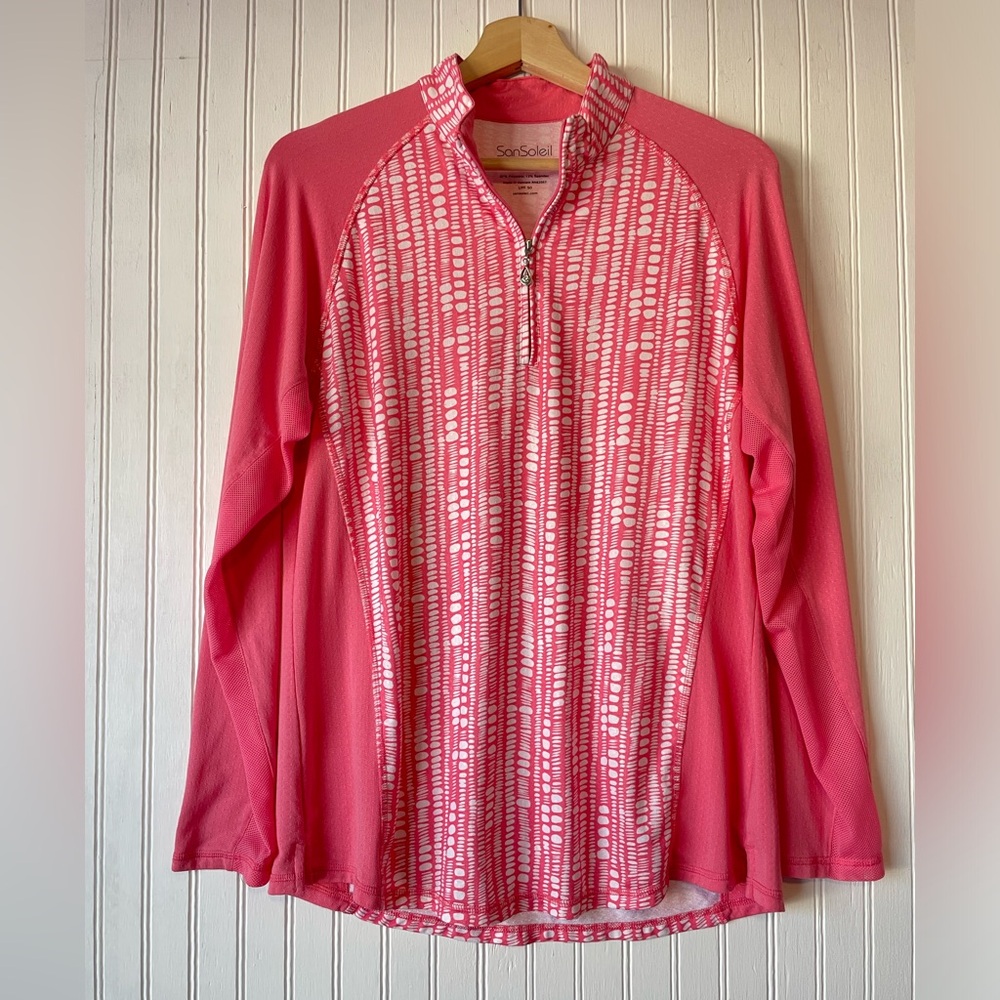 San Soleil Women's Pink/White  Multicolor 1/2 Zip Stretch Top Sz L